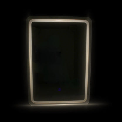 Espejo de baño rectangular con iluminación LED perimetral y sensor de encendido táctil frontal.