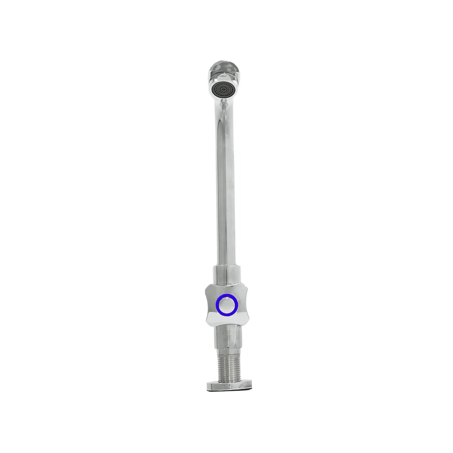 Grifo de lavabo cuello alto acabado cromado con detalle azul en manija para instalación en encimera.