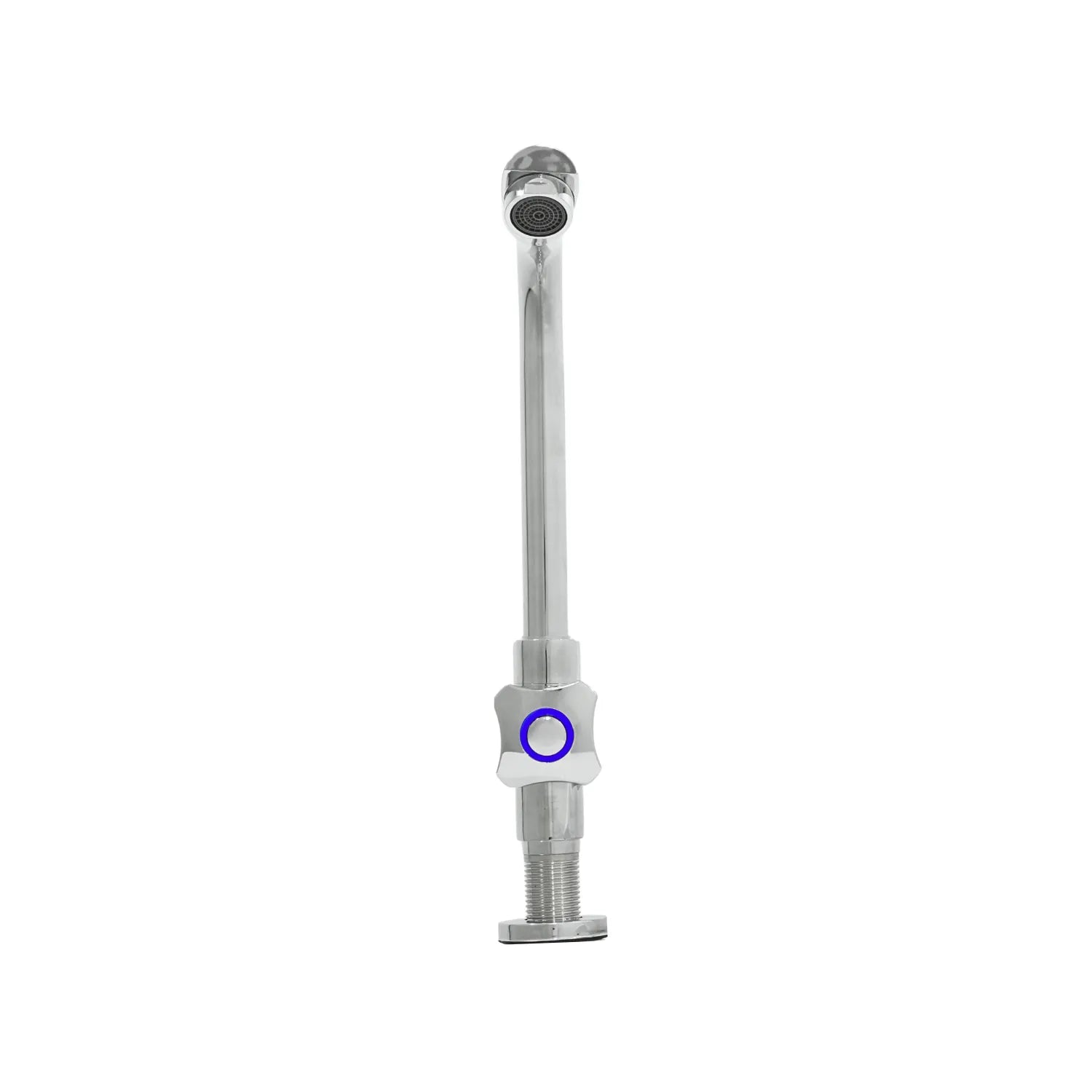 Grifo de lavabo cuello alto acabado cromado con detalle azul en manija para instalación en encimera.
