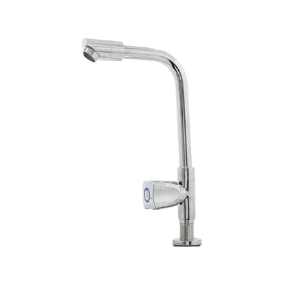 Grifo para lavadero cuello de cisne cromado con manija monomando agua fría y base roscada metálica.