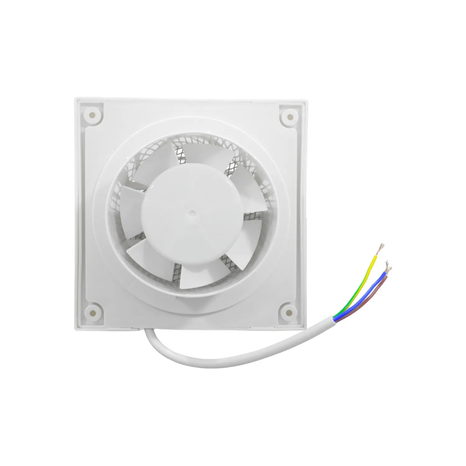 Extractor de aire cuadrado blanco para baño con rejilla protectora y cable de conexión eléctrica de tres hilos