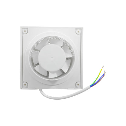 Extractor de aire cuadrado blanco para baño con rejilla protectora y cable de conexión eléctrica de tres hilos