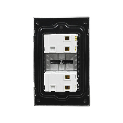 Interruptor doble blanco 10A 250V vista trasera con conexiones para instalaciones eléctricas de pared.