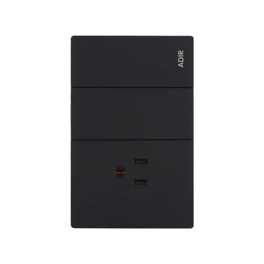 Placa armada ADIR negro mate con dos interruptores y un contacto aterrizado para instalaciones eléctricas.