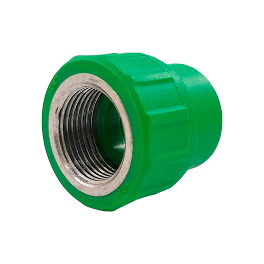 Conector PPR hembra verde 3/4 pulgada con rosca metálica para conexión de tuberías de agua