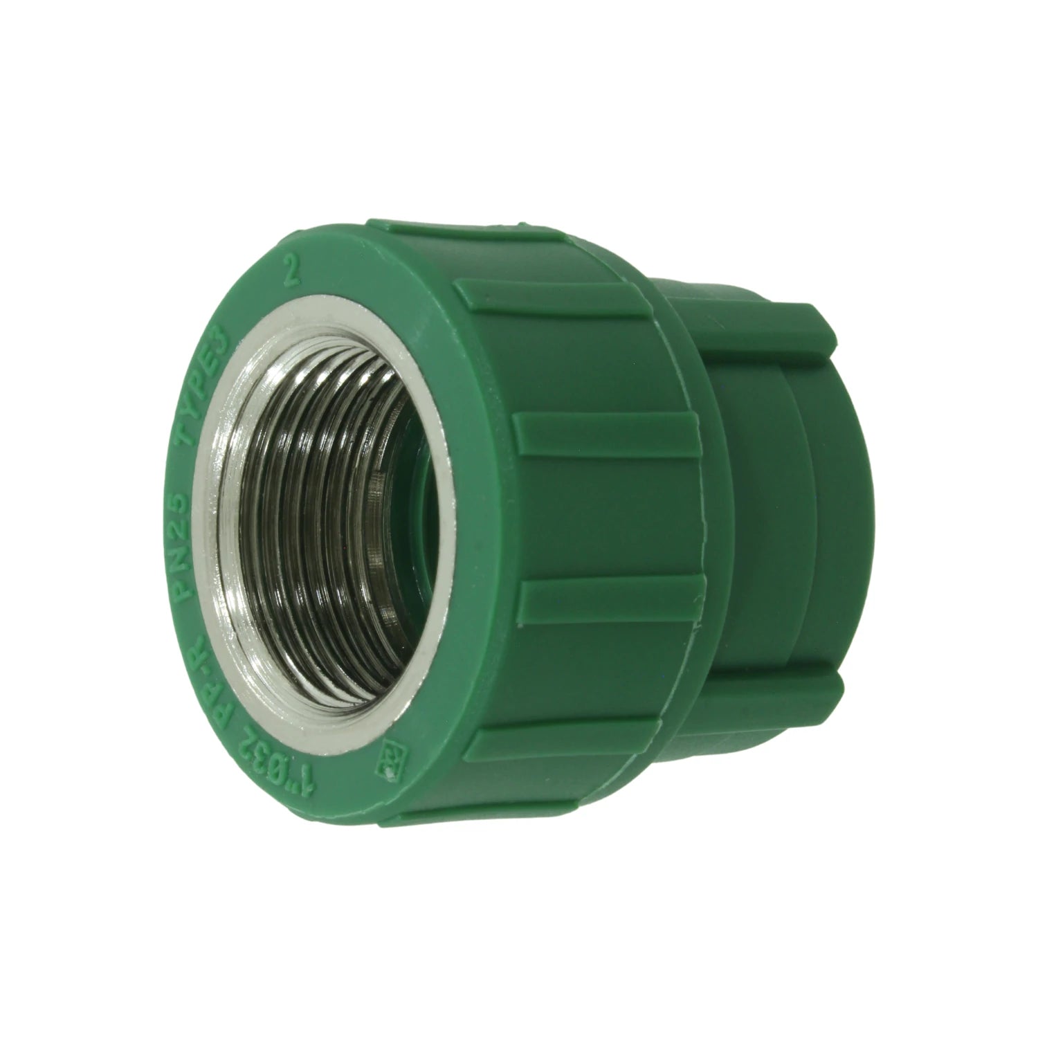 Adaptador PPR hembra rosca 1" a tubo 32mm, color verde PN25 para fontanería.