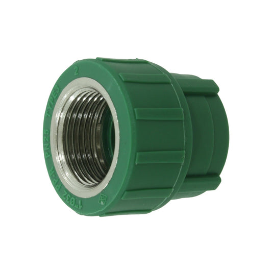 Adaptador PPR hembra rosca 1" a tubo 32mm, color verde PN25 para fontanería.