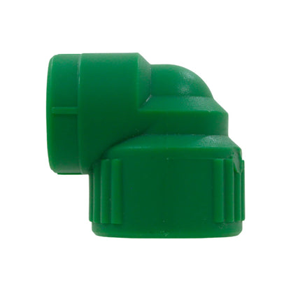 Codo PPR verde 90° con rosca interior hembra para instalaciones de fontanería.