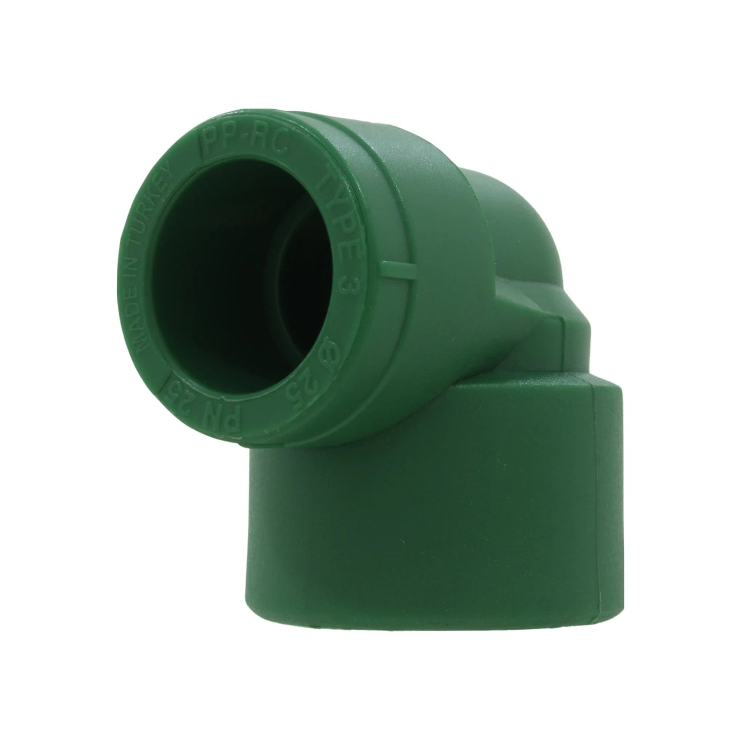 Codo PPR verde de 90 grados para tubería de 25mm, termofusión, presión PN25, material PP-RC, fabricado en Turquía.