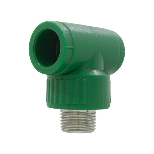 Tee de PPR verde con rosca exterior macho, conexión para tuberías de agua potable.