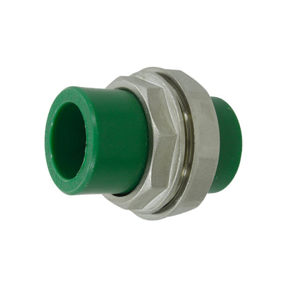 Tuerca unión PPR verde con conexión metálica, ideal para sistemas de tuberías de polipropileno en fontanería.