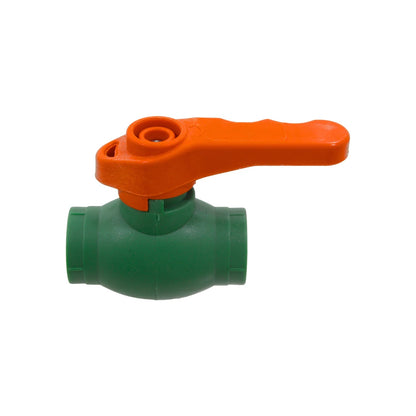 Válvula de esfera PPR verde con manija naranja para instalaciones de plomería y agua.