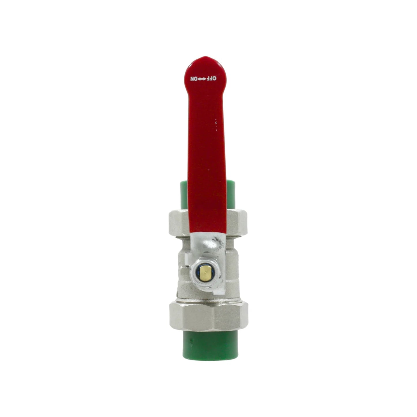 Válvula esfera PPR desmontable 20mm (1/2 pulgada) con cuerpo metálico y manija roja.