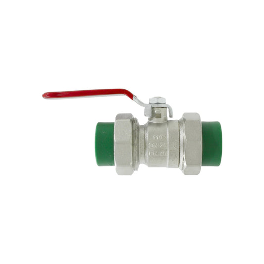 Válvula esfera PPR desmontable 25mm (3/4) con maneta roja para instalaciones de tuberías de agua