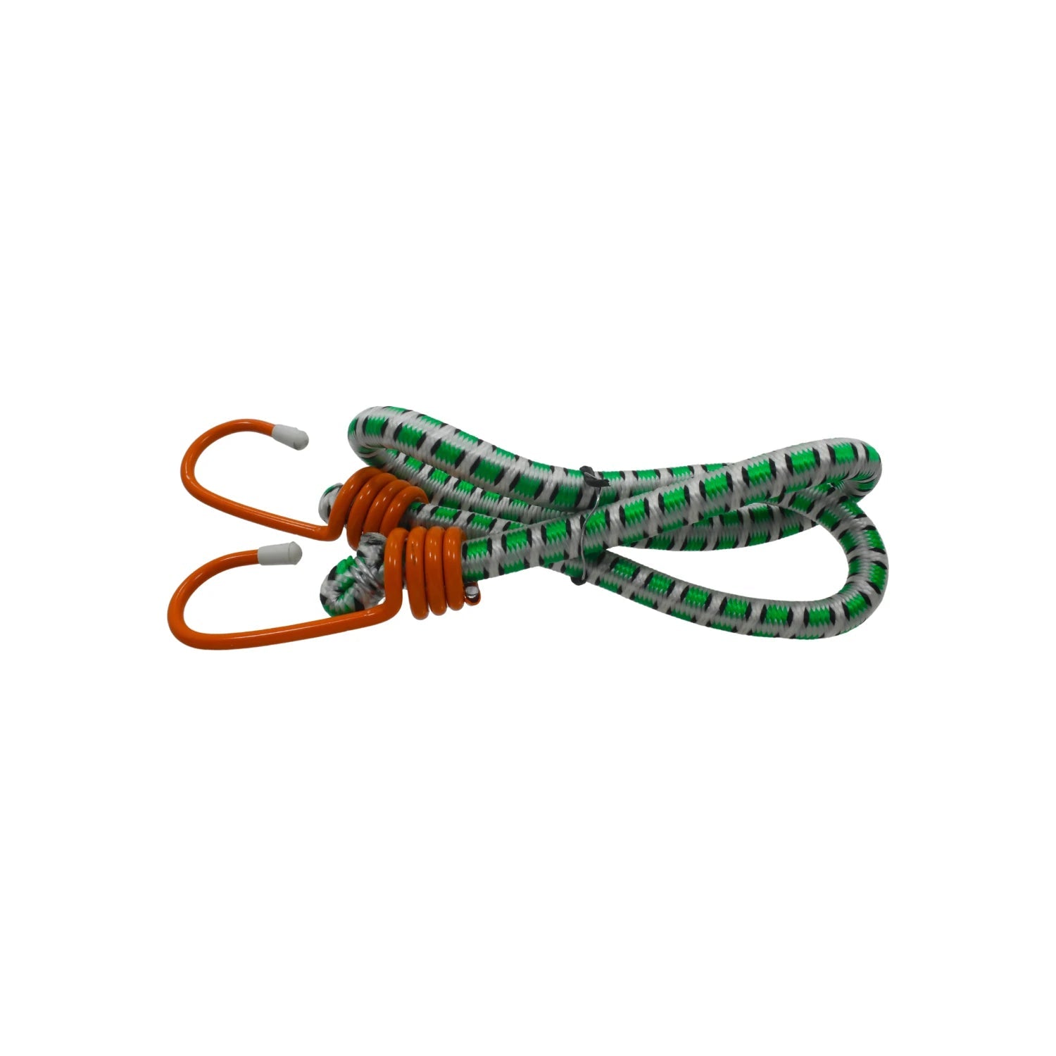 Tensor elástico verde, blanco y gris con ganchos de metal naranja para amarre seguro