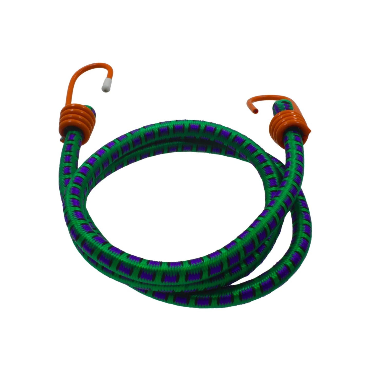 Tensor elástico verde y morado con ganchos naranja para sujeción de carga y amarre