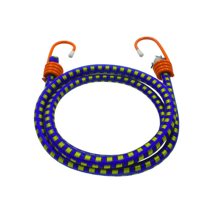 Tensor elástico azul con amarillo verdoso, ganchos naranjas, resistente para sujetar y asegurar carga y objetos.