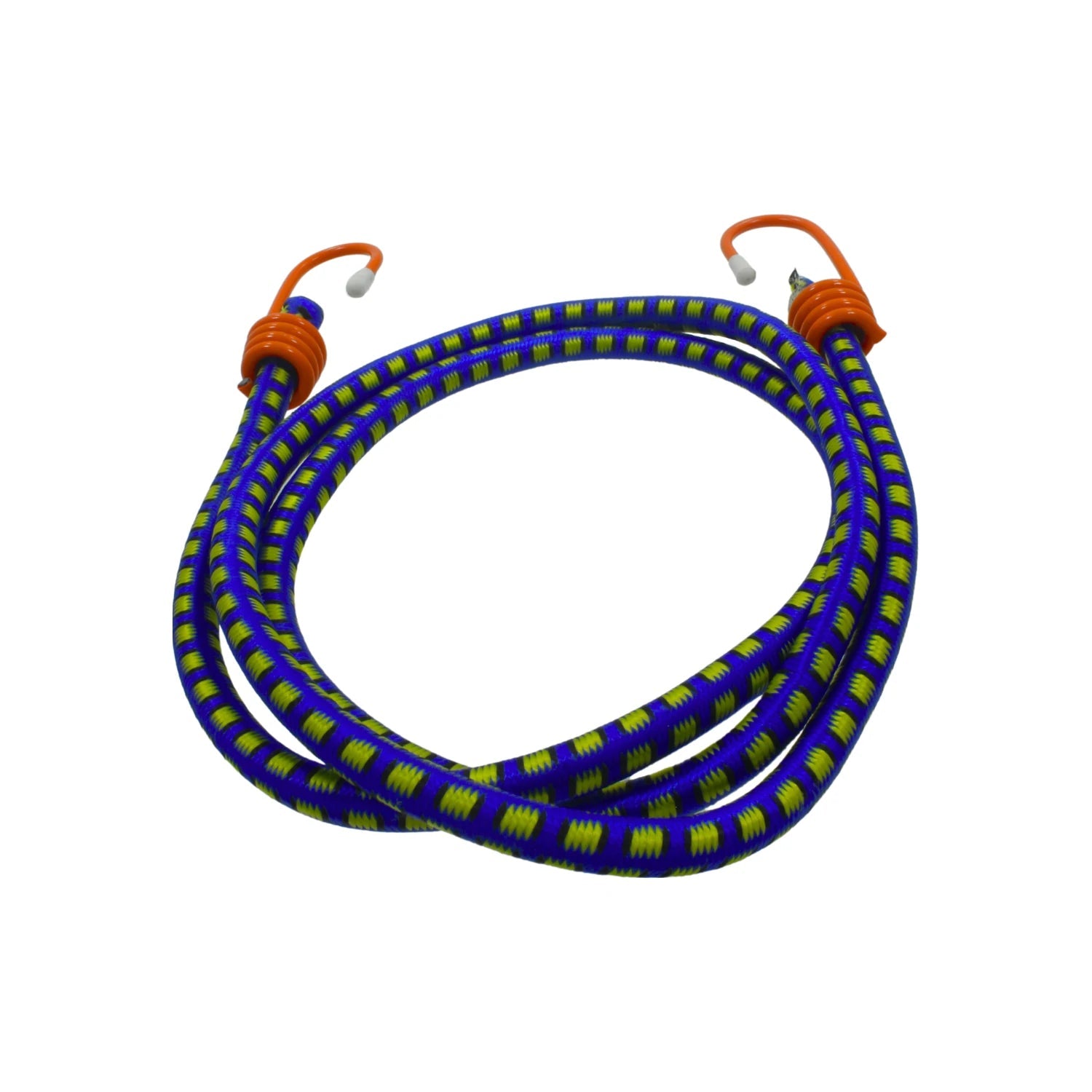 Tensor elástico azul con rayas amarillas, ganchos de sujeción naranjas para asegurar carga.