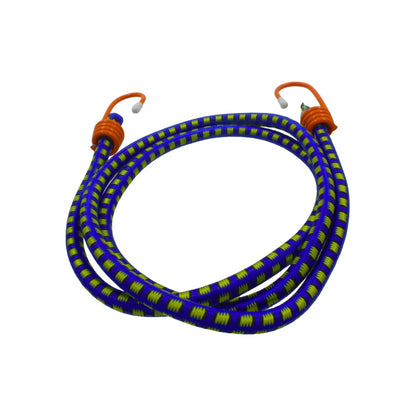 Tensor elástico azul con rayas amarillas, ganchos de sujeción naranjas para asegurar carga.
