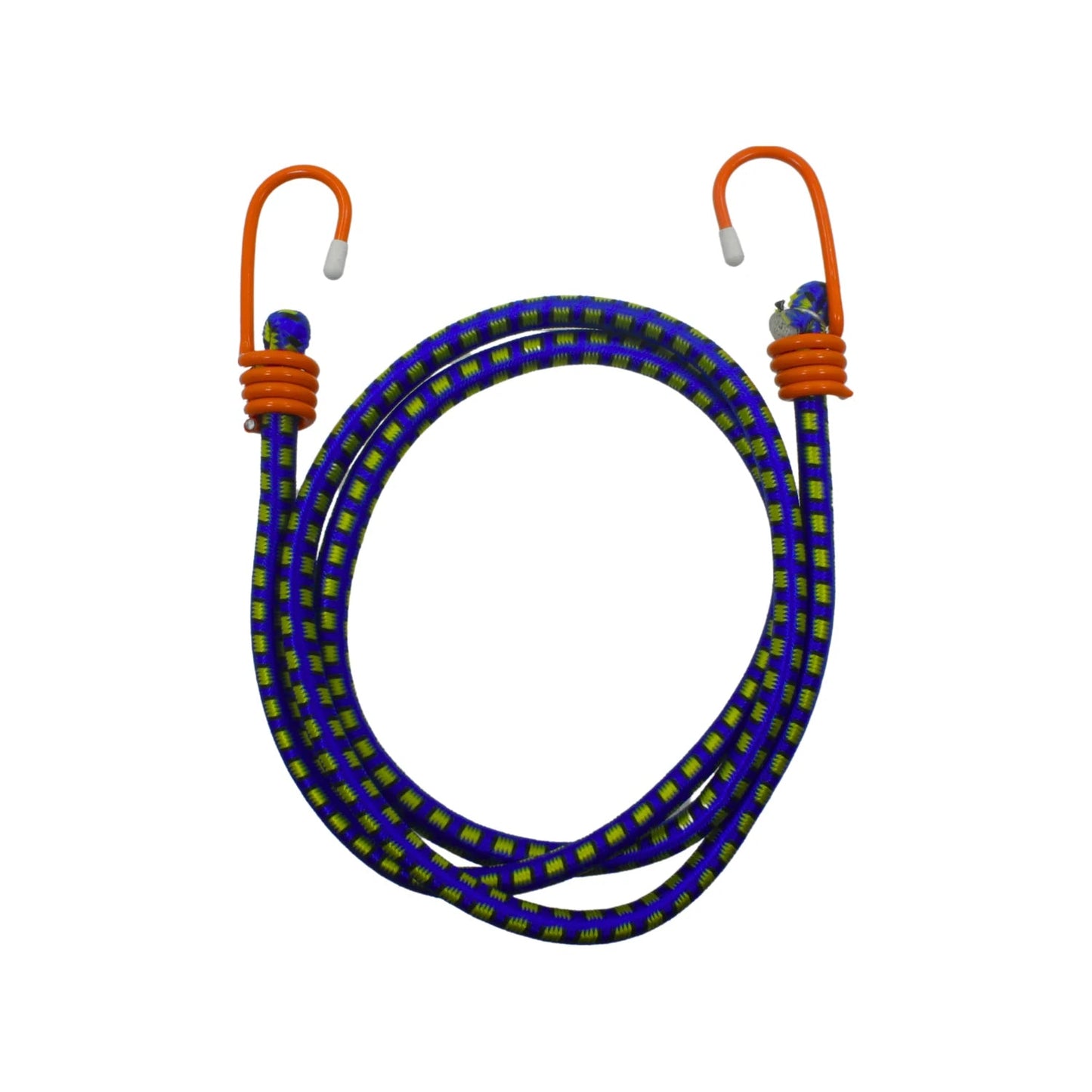 Tensor elástico azul y amarillo de 160 cm con ganchos naranja para sujeción segura de cargas