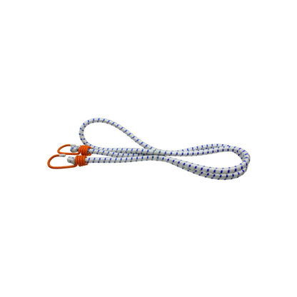 Tensor elástico blanco con patrón azul y dos ganchos metálicos naranjas, ideal para sujeción y transporte