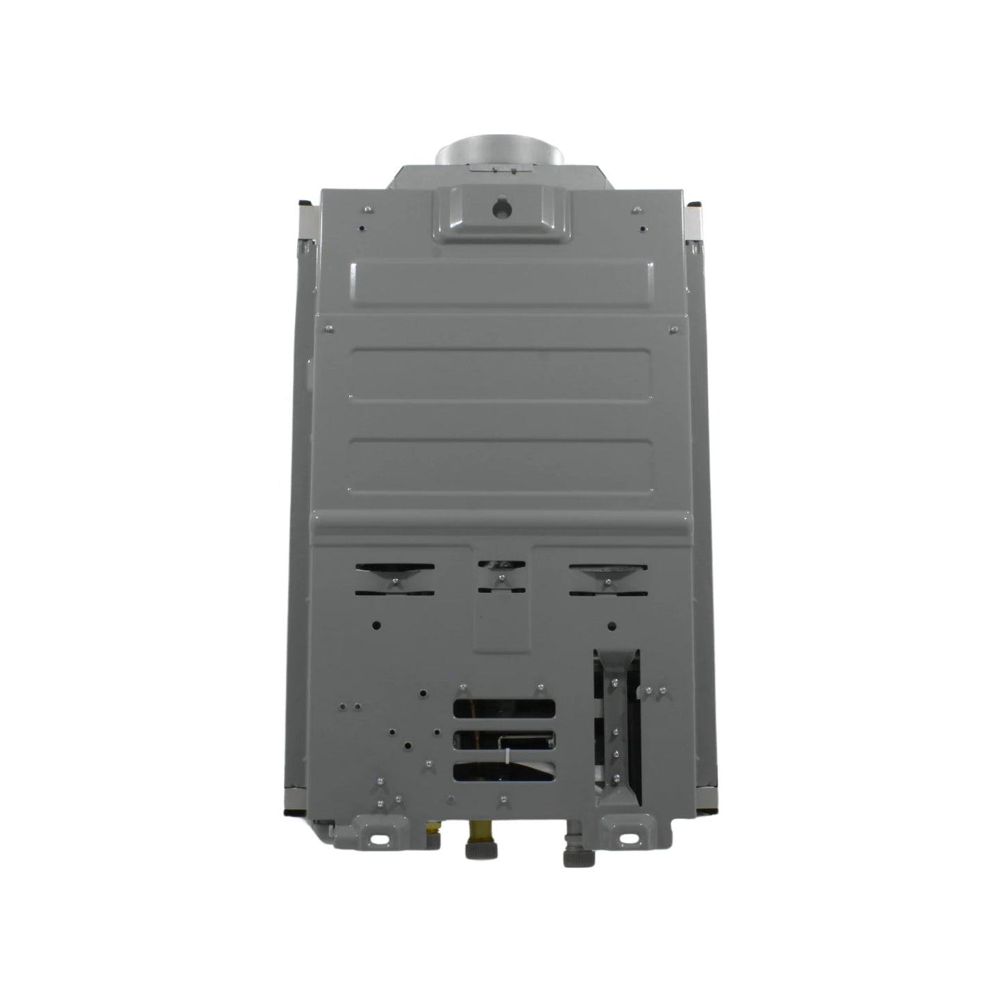 Boiler instantáneo a gas gris, vista trasera con conexiones de agua y gas, para instalación en pared.