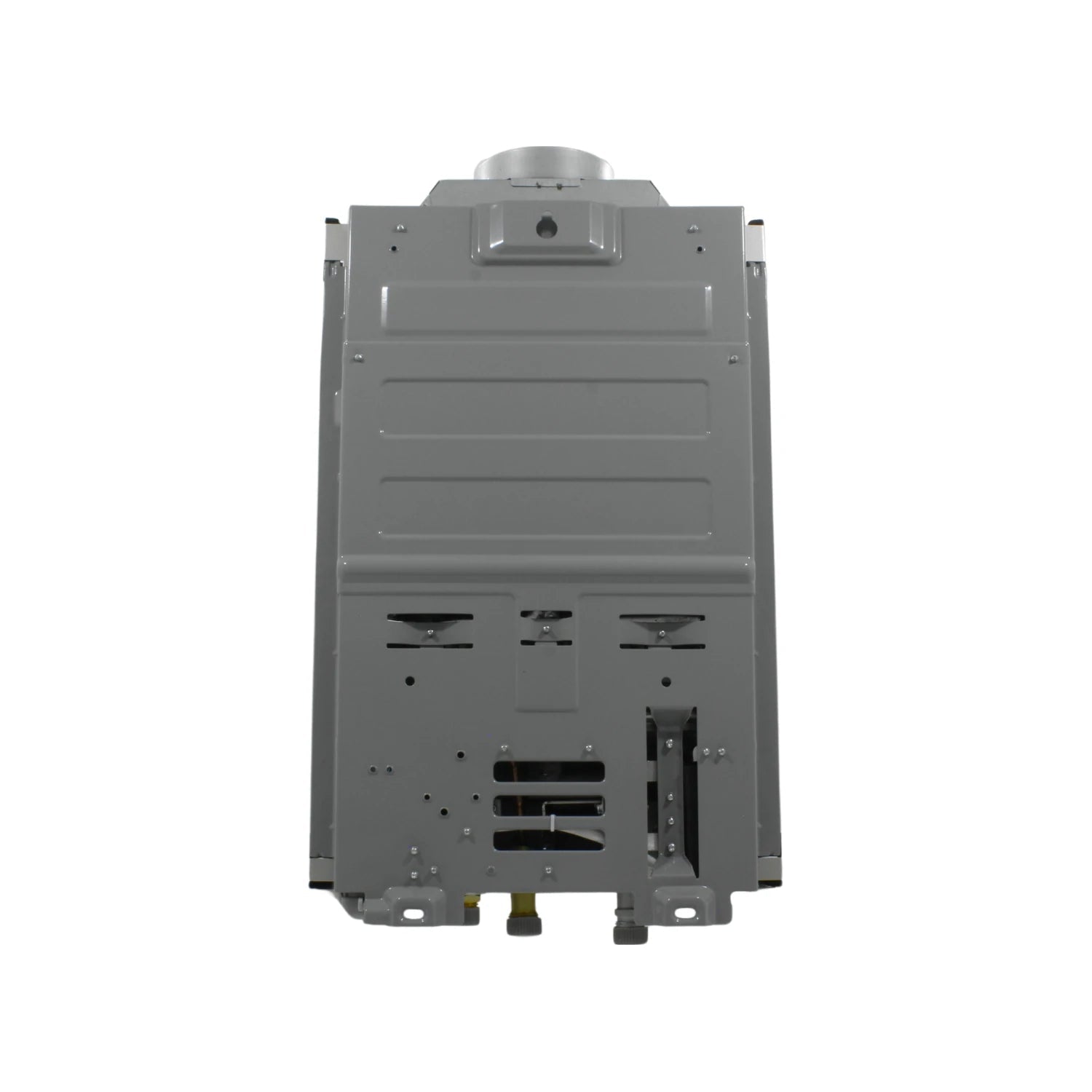 Boiler instantáneo a gas gris, vista trasera con conexiones de agua y gas, para instalación en pared.