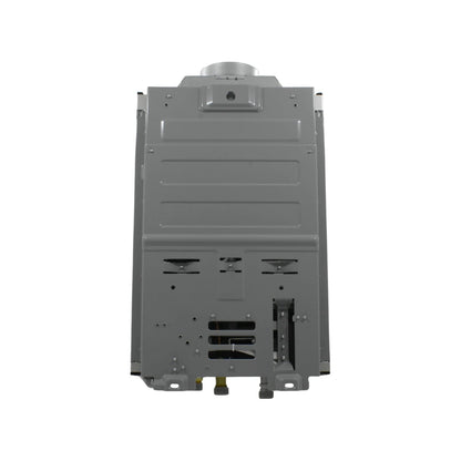 Boiler instantáneo a gas gris, vista trasera con conexiones de agua y gas, para instalación en pared.