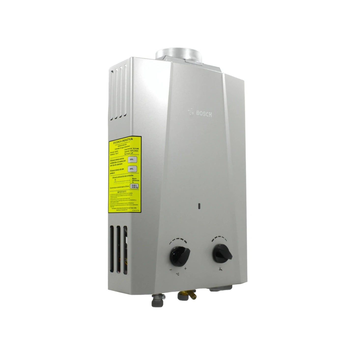 Boiler instantáneo a gas Bosch EASY 5L, calentador de agua plata con controles, etiqueta de eficiencia energética visible.