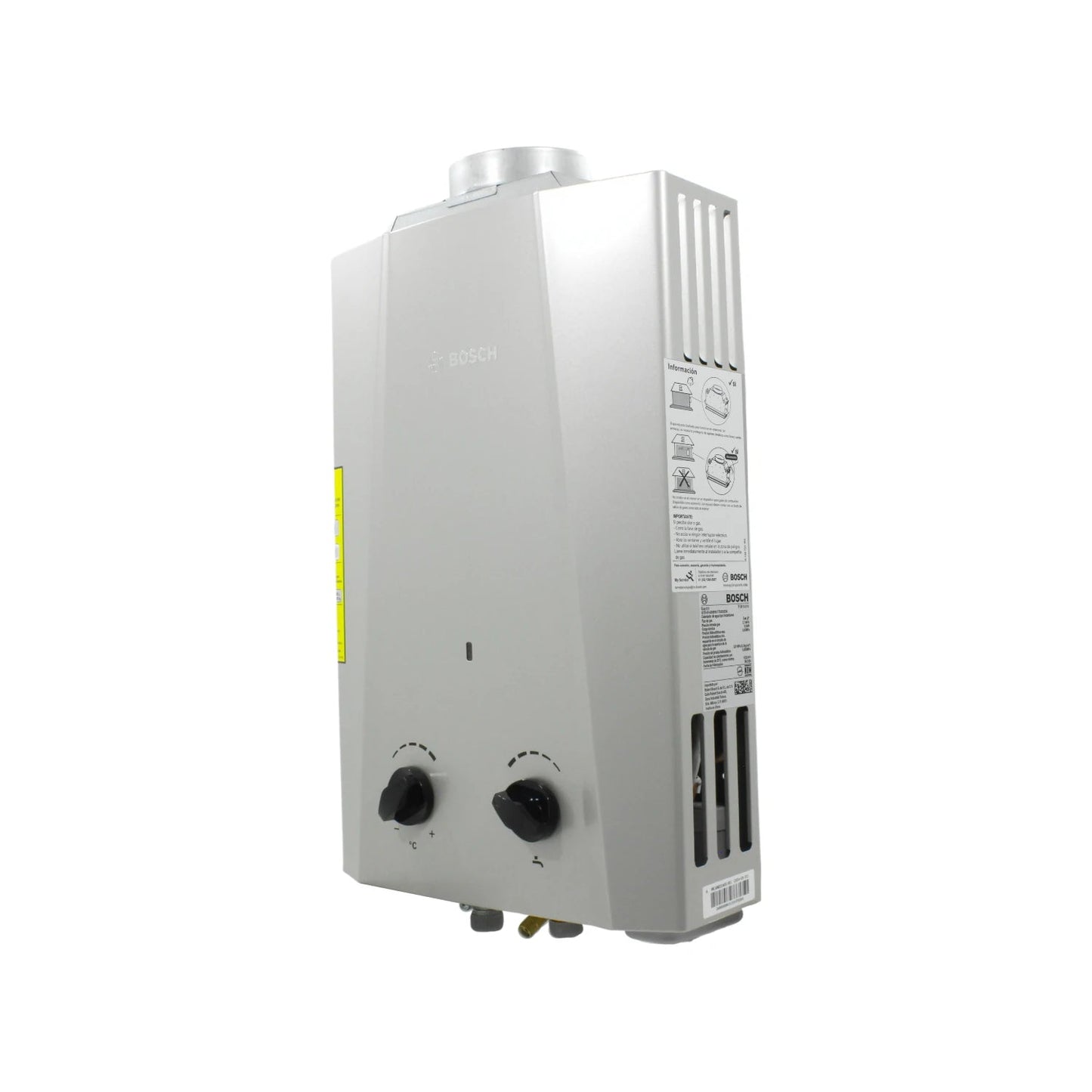 Calentador de agua instantáneo Bosch a gas plateado, sin tanque, para hogar eficiente y ahorro energético.