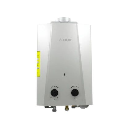 Boiler instantáneo Bosch blanco para agua caliente, controles de temperatura, eficiencia energética hogar.