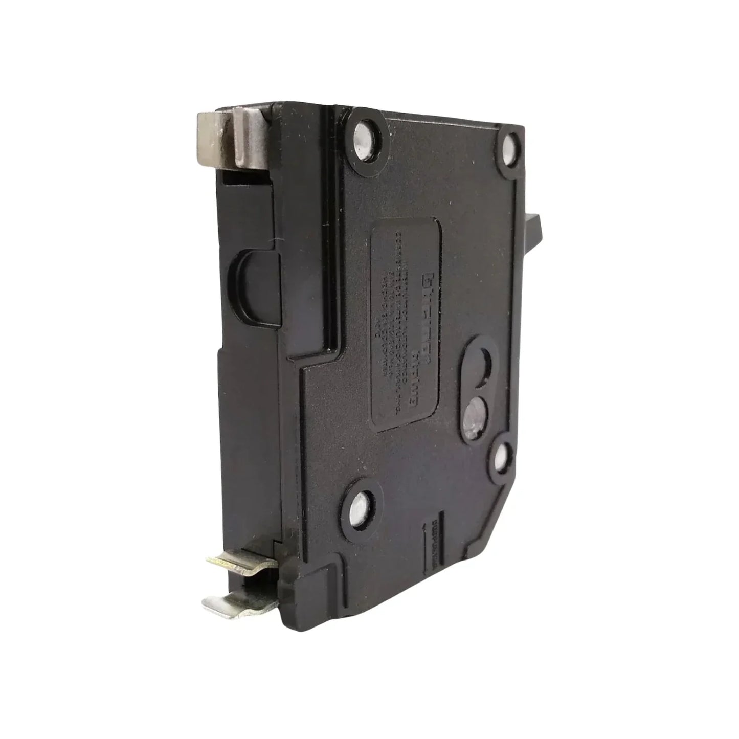 Breaker eléctrico negro con terminales de conexión para protección de sobrecarga