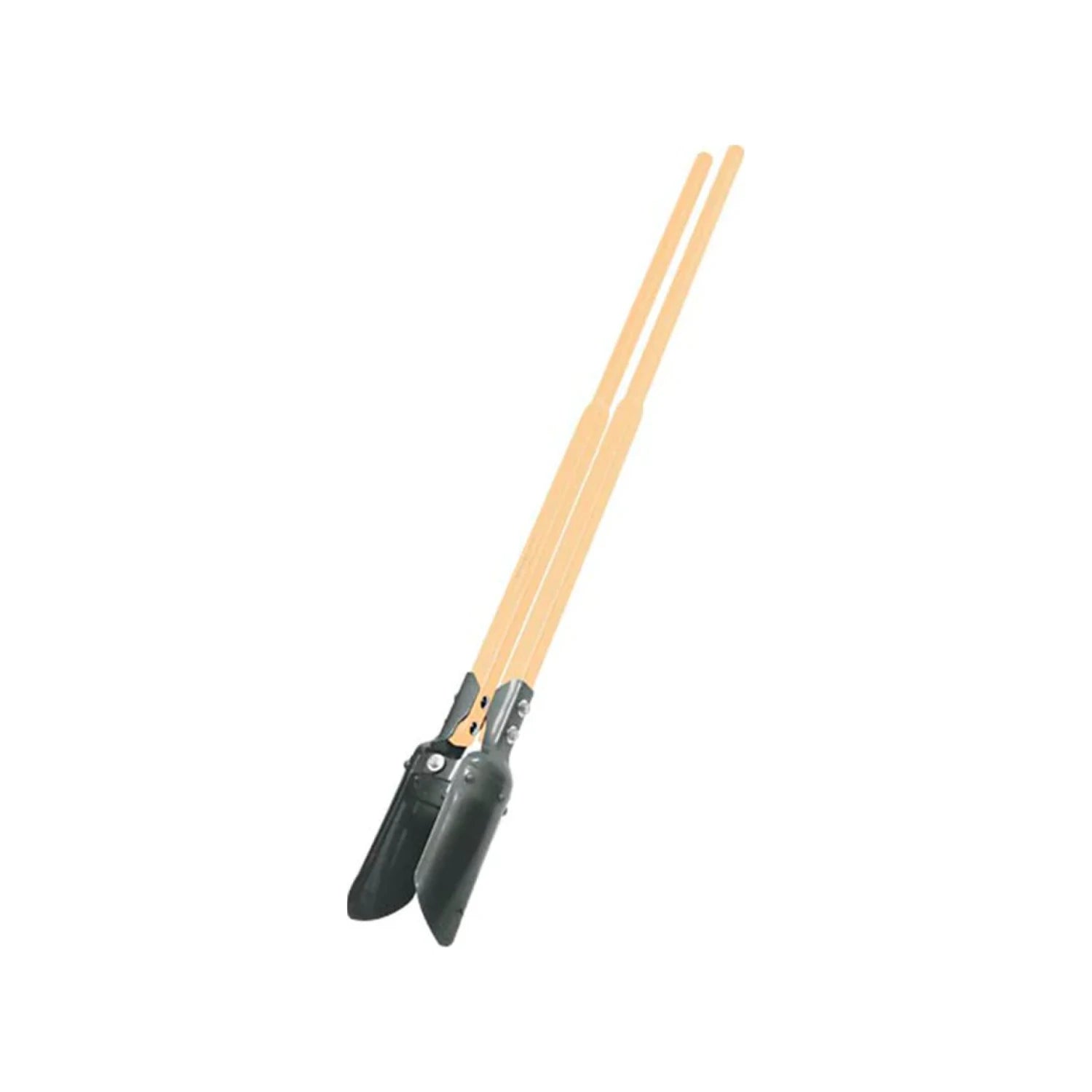 Cavador manual de postes con mangos de madera y palas de acero remachadas, ideal para hoyos en tierra
