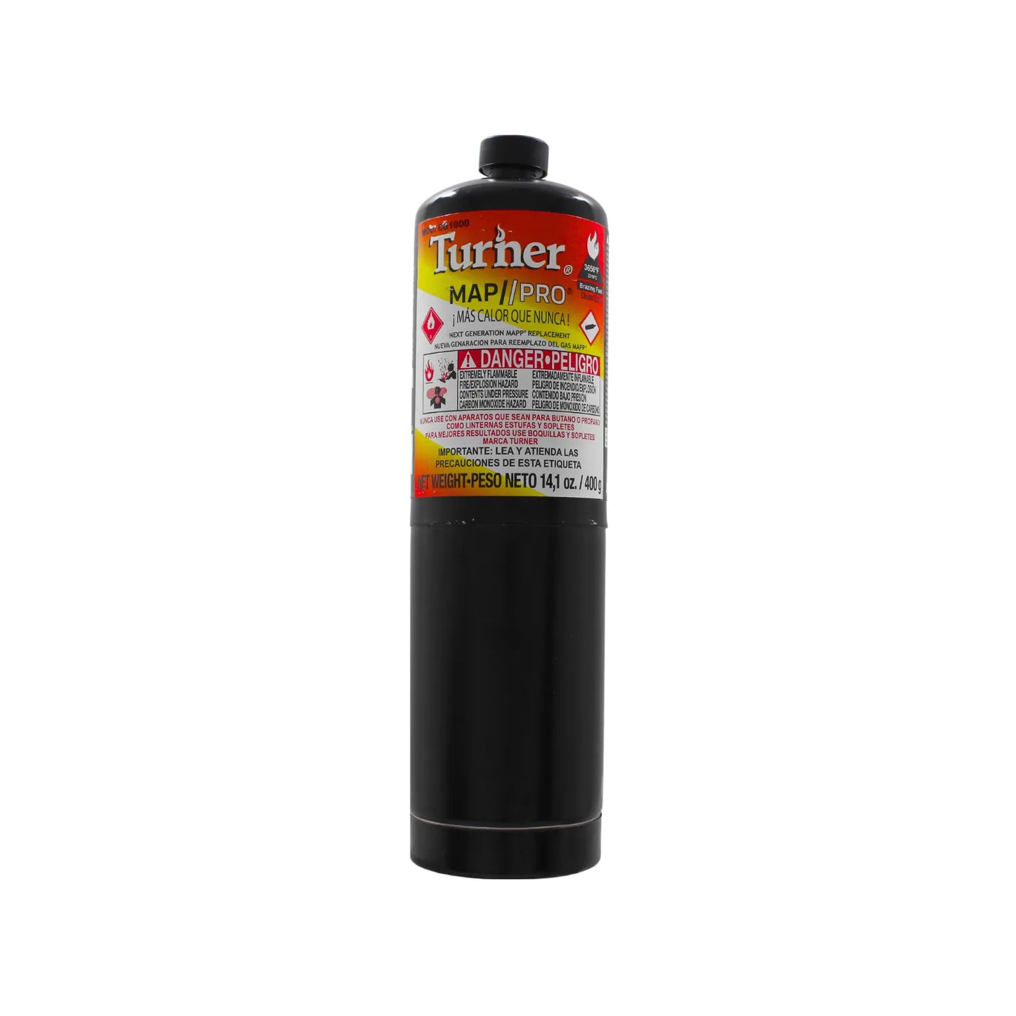 Cilindro de gas Turner MAP//PRO 14.1 oz para soldadura fuerte y soplete profesional color negro