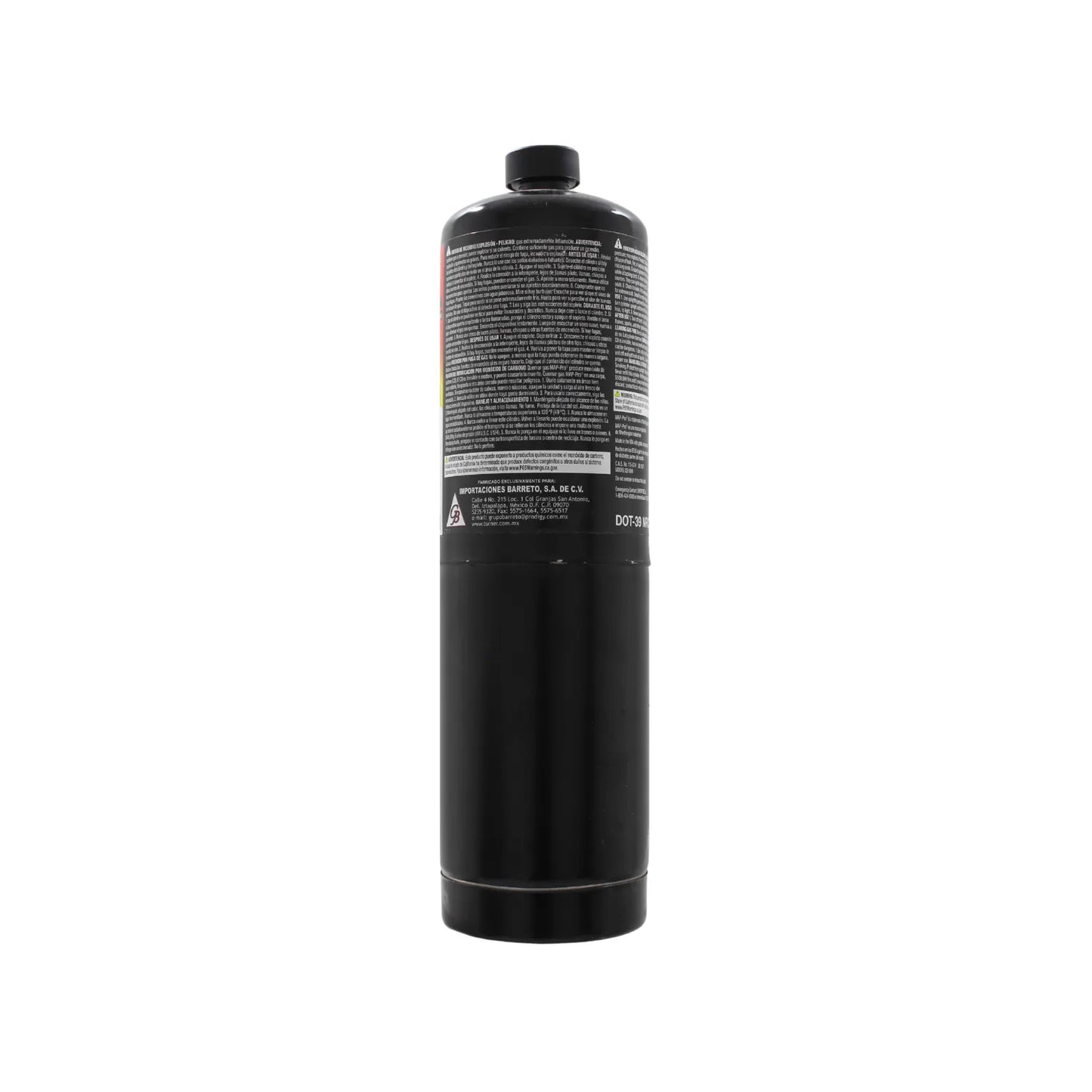 Tanque de gas MAP-PRO negro para soplete de soldar y aplicaciones de alta temperatura profesional.