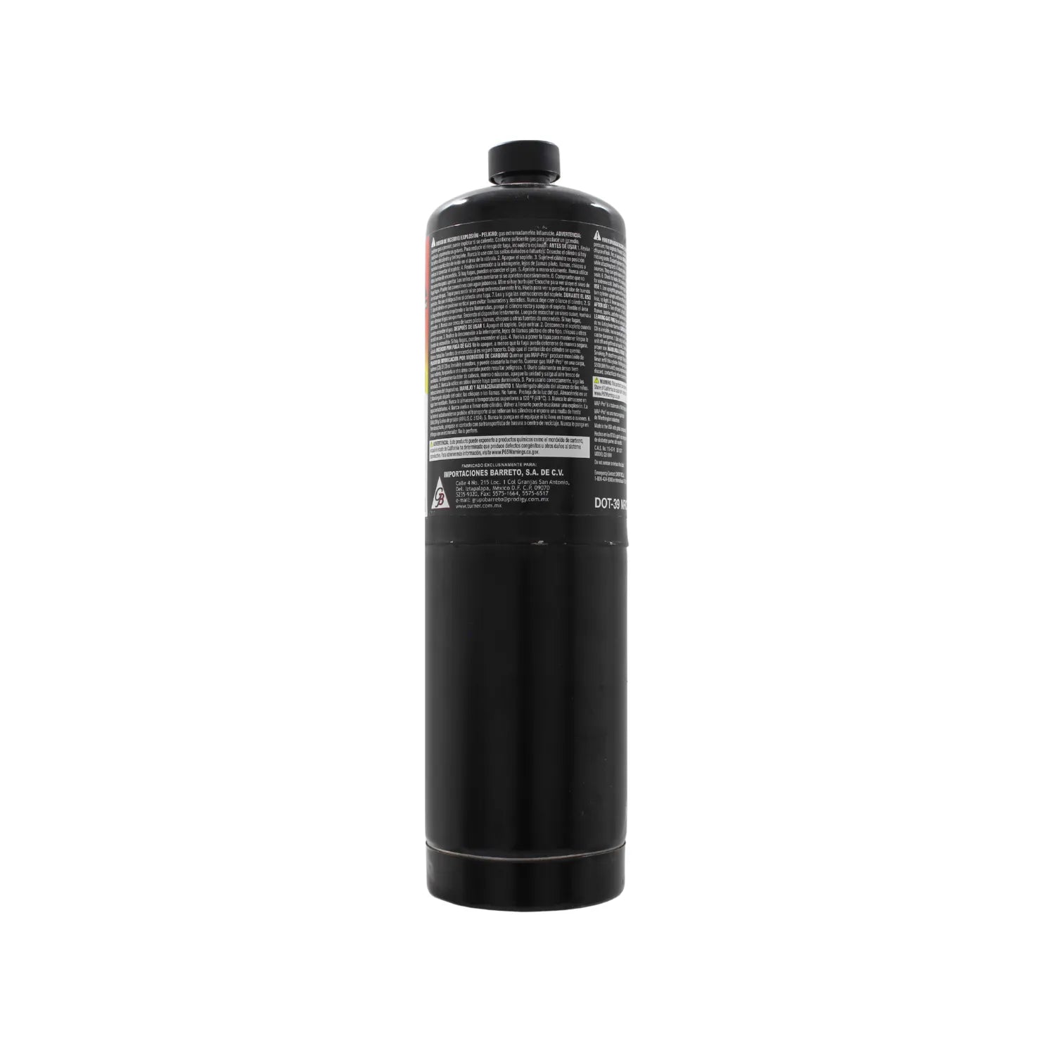 Tanque de gas MAP-PRO negro para soplete de soldar y aplicaciones de alta temperatura profesional.
