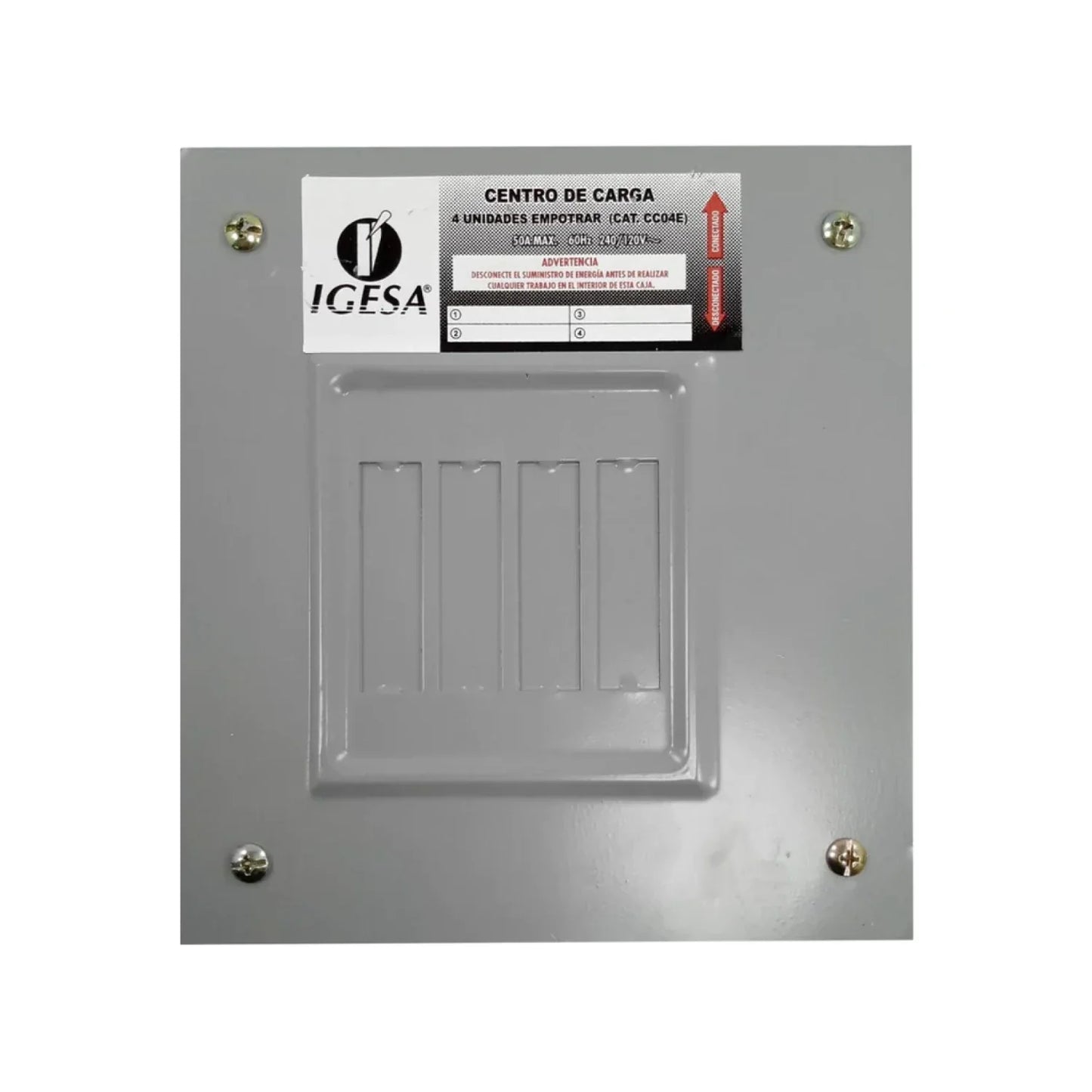 Gabinete Fabricado en lámina de acero.,Espacio de 4 polos.,Contactos para cobre y aluminio y barra neutro.,Base para empotrar.,Base interior Fabricada de plástico para resistir altas temperaturas y auto extinguible.