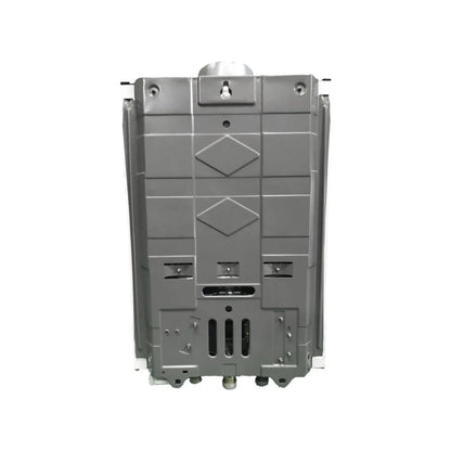Parte trasera de calentador de agua instantáneo gris para montaje en pared, con entradas/salidas de gas y agua.