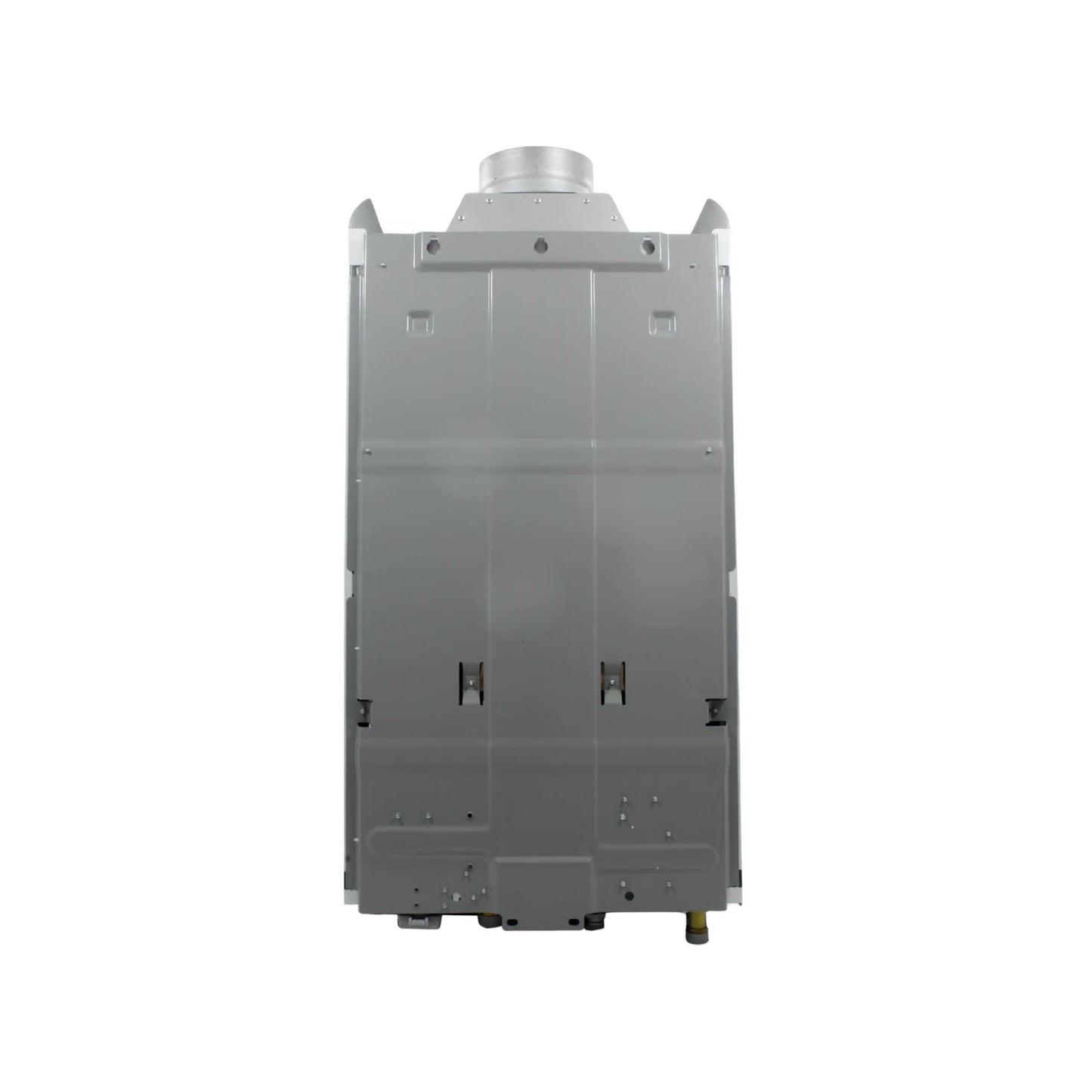 Vista trasera de boiler instantáneo gris, mostrando conexiones de agua, gas y ducto de ventilación para instalación.
