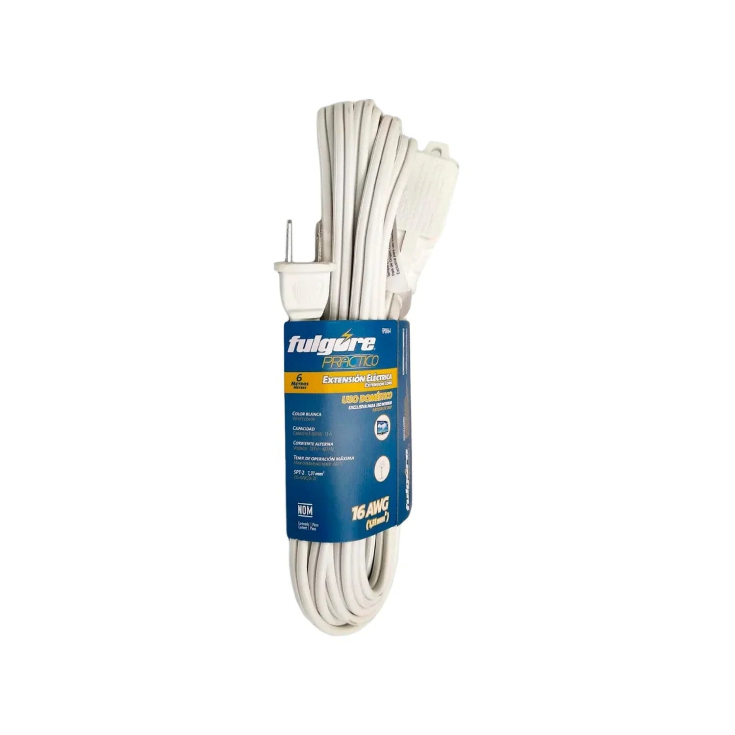 Fabricada en polivinil.,6 metros de largo.,Clavija con cabeza plana y 3 contactos.,Con diseño para conectar clavijas aterrizadas.,Tensión: 120 V-1650 W