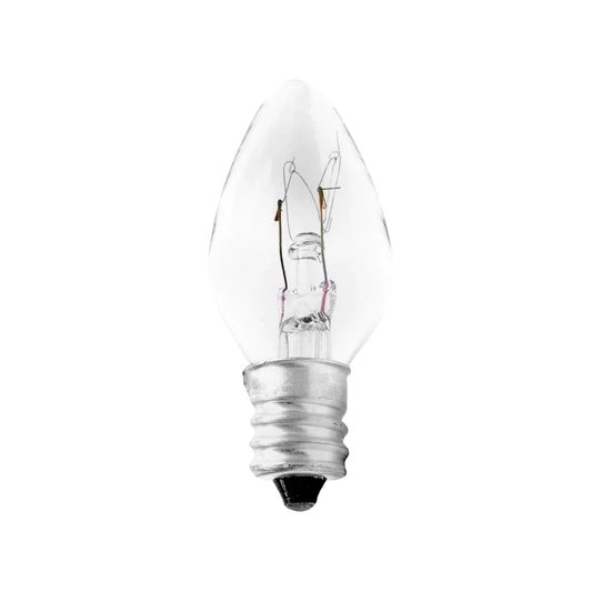 Foco transparente incandescente tipo C7 7.5W base candelabro, ideal para iluminación decorativa o de noche