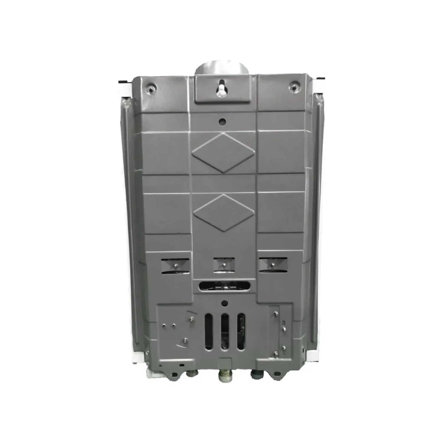 Boiler instantáneo a gas natural gris, vista posterior con soportes de montaje y conexiones inferiores.