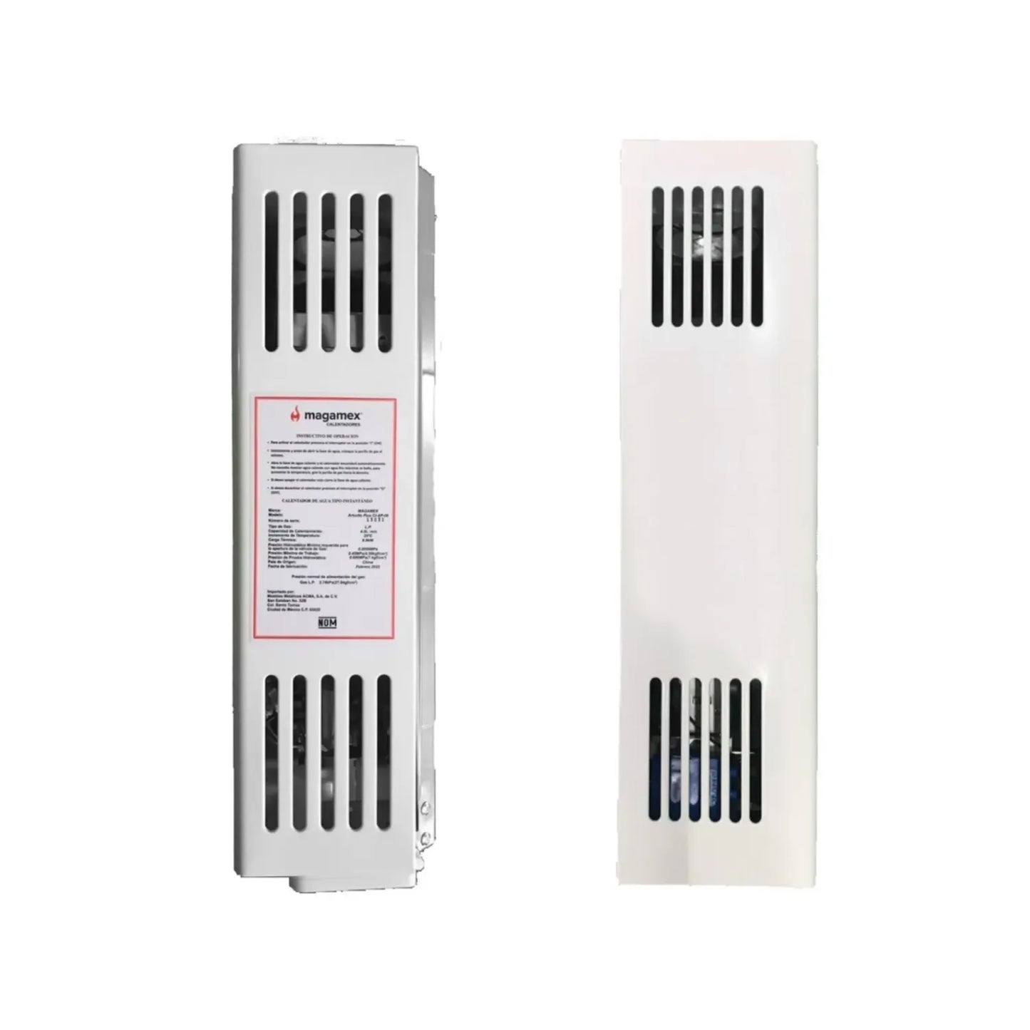 Boiler instantáneo Magamex CIAP 06 blanco de 4 litros para gas natural, vistas frontal y lateral