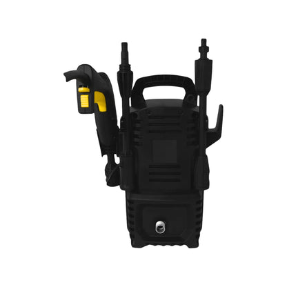 Hidrolavadora eléctrica negra portátil con gatillo amarillo y conexión de agua, ideal para limpieza a presión