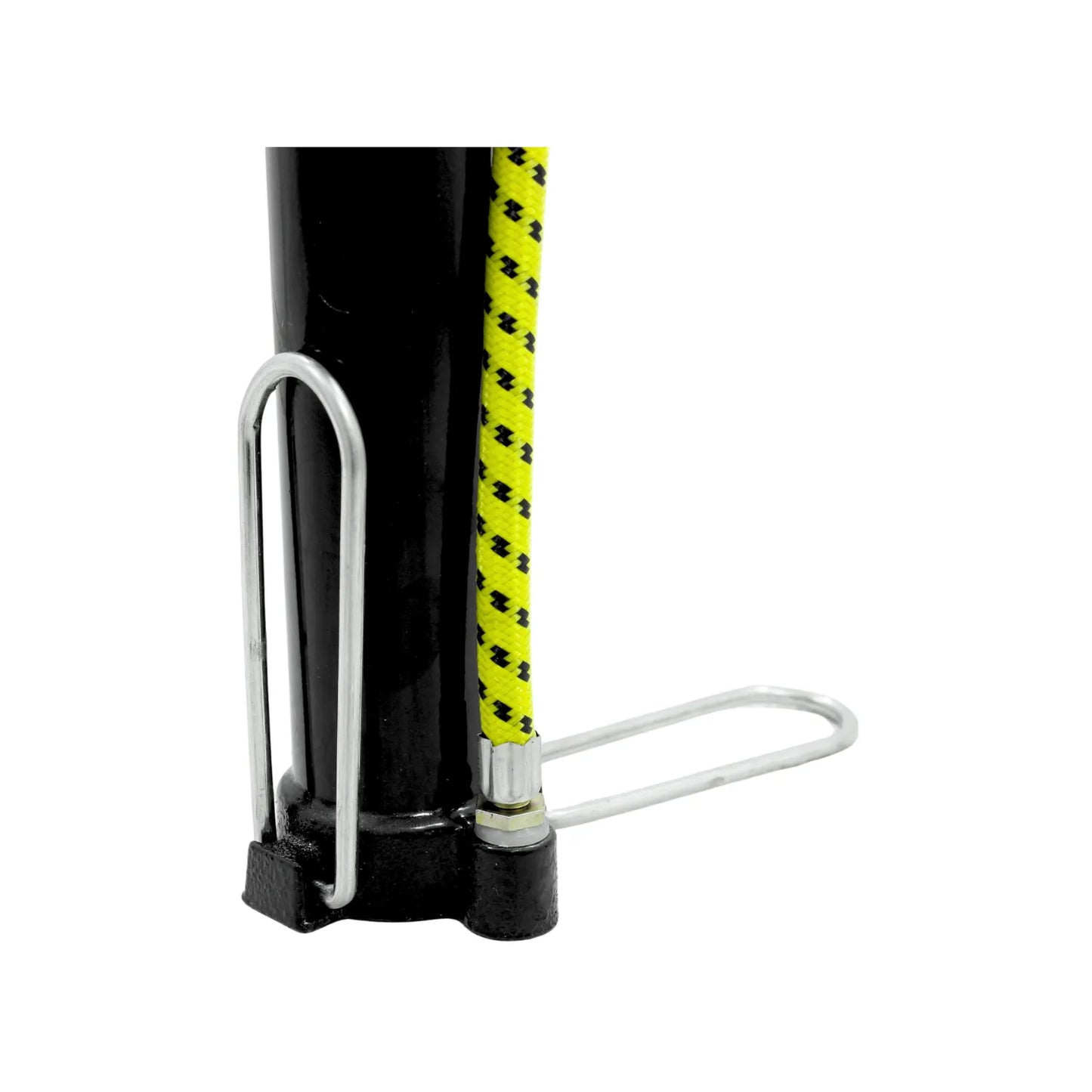 Inflador de pie manual negro con manguera trenzada amarilla y pedal metálico para inflar llantas de bicicleta.