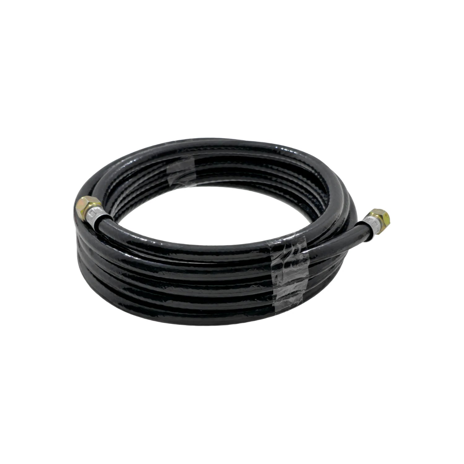 Manguera negra de PVC para compresora de aire, 1/4" x 5m, con conectores metálicos.