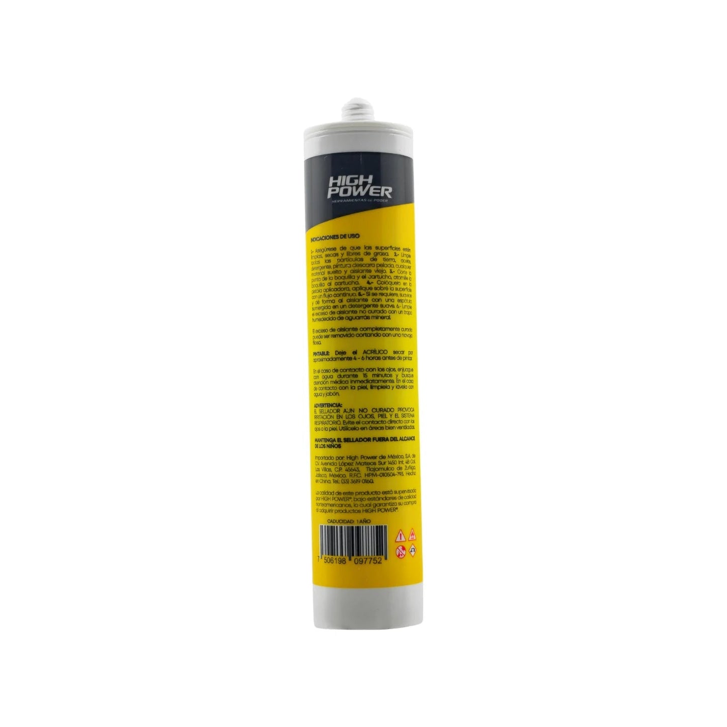 Sellador acrílico blanco High Power, ideal para juntas y grietas en construcción.