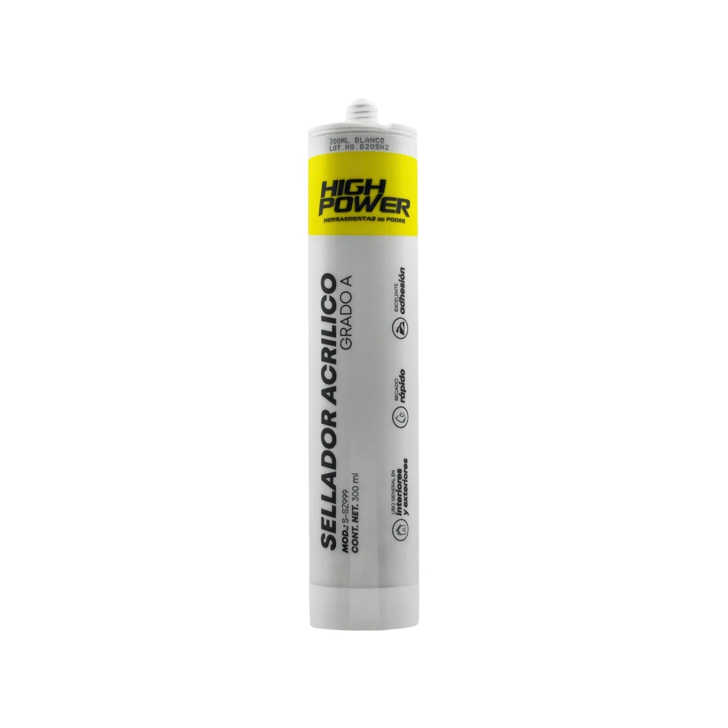 Sellador acrílico blanco High Power 300ml Grado A, adhesión superior, secado rápido, interiores y exteriores.
