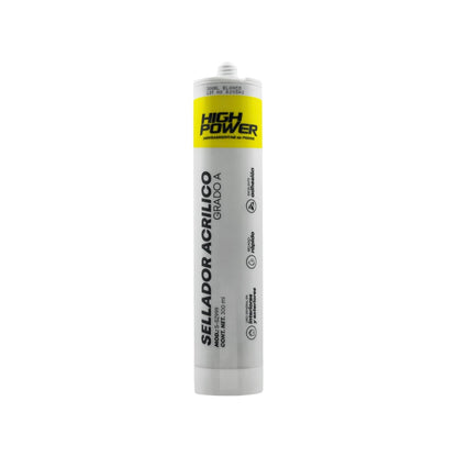Sellador acrílico blanco High Power 300ml Grado A, adhesión superior, secado rápido, interiores y exteriores.