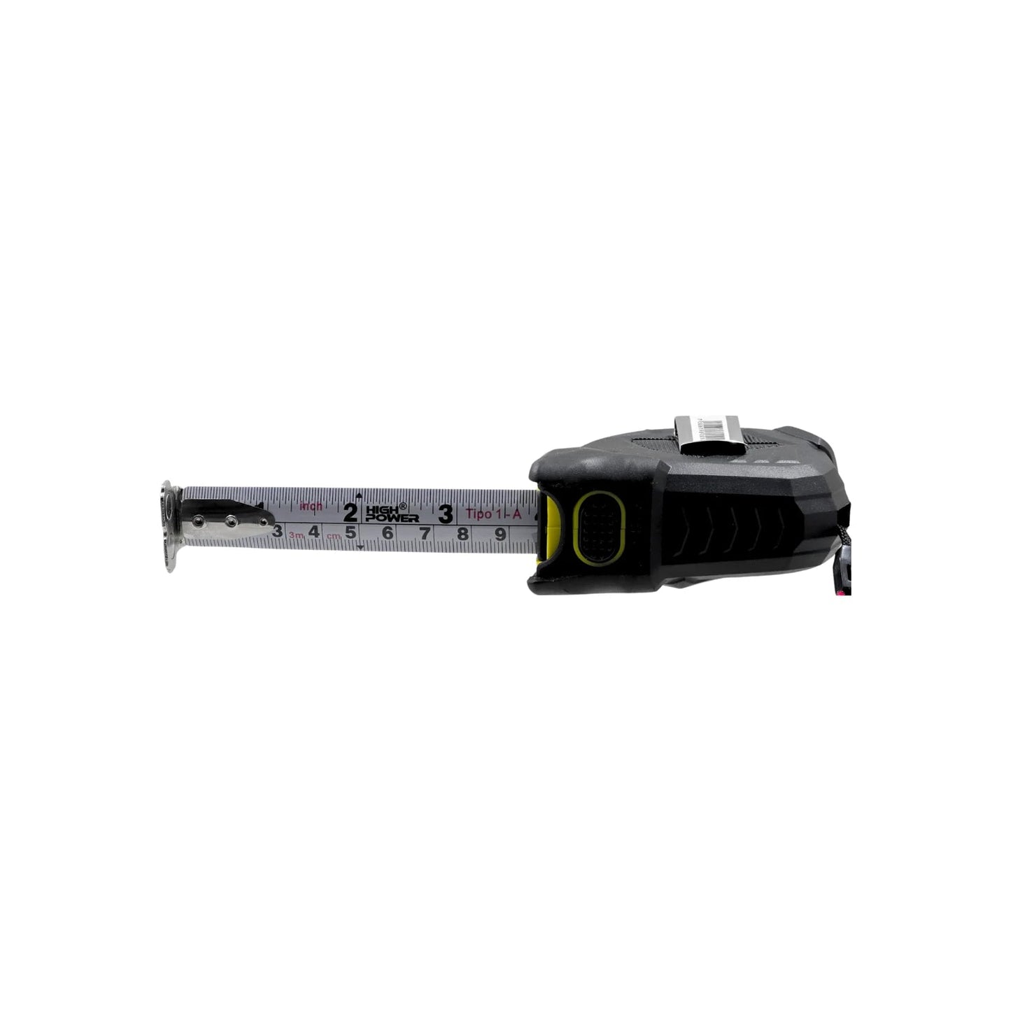 Flexómetro High Power 3 metros, cinta métrica de acero, carcasa negra y amarilla, escalas en cm y pulgadas, uso profesional.